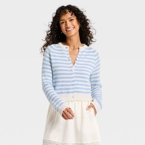 Crewneck Blue and White Striped Cotton Cardigan